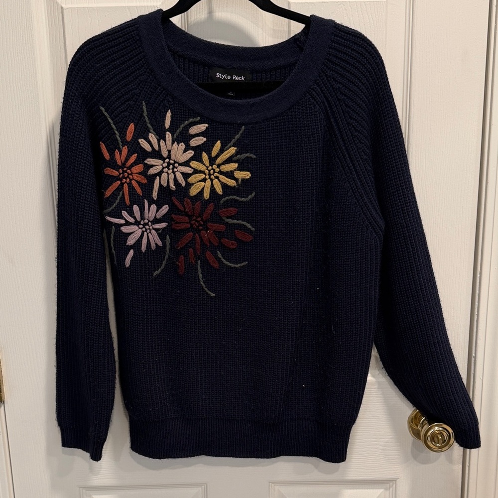 Style Rack Dark Blue Wool Blend Sweater with Embroidered Floral Design